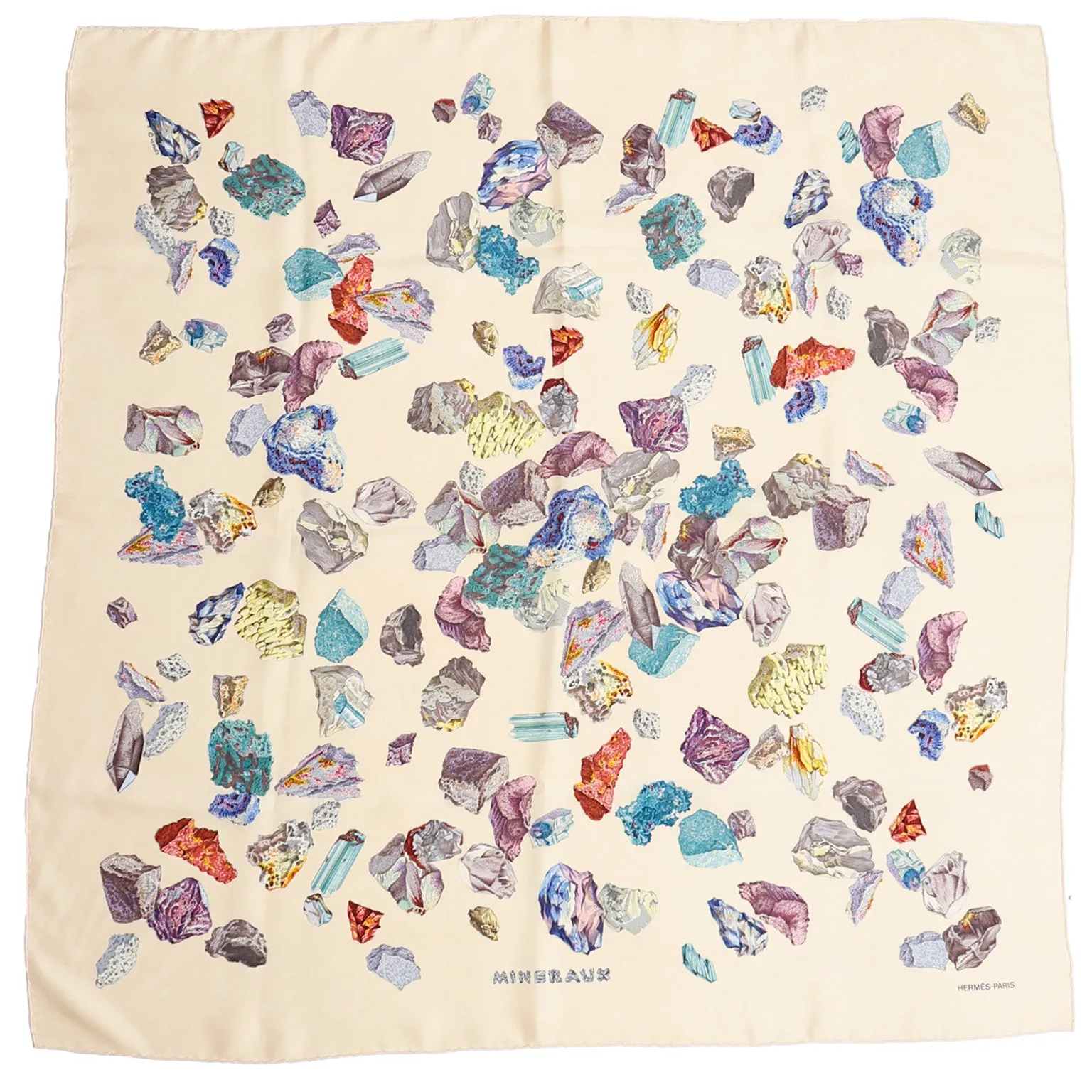 1990s Hermes "Minéraux" by Hugo Grygkar Silk Scarf w Colorful Gemstones