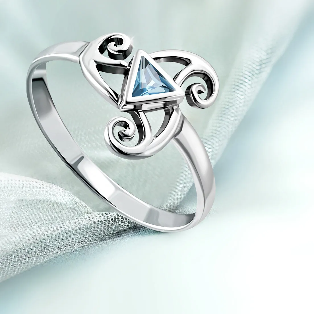 Blue Topaz CZ Triskele Triple Spiral Silver Ring