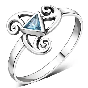 Blue Topaz CZ Triskele Triple Spiral Silver Ring