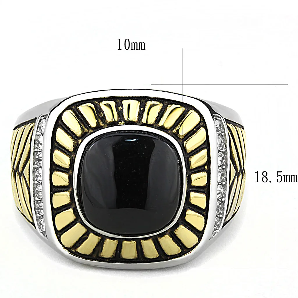 CJ3294 Wholesale Men's Stainless Steel Two-Tone IP Gold Synthetic Jet Ring