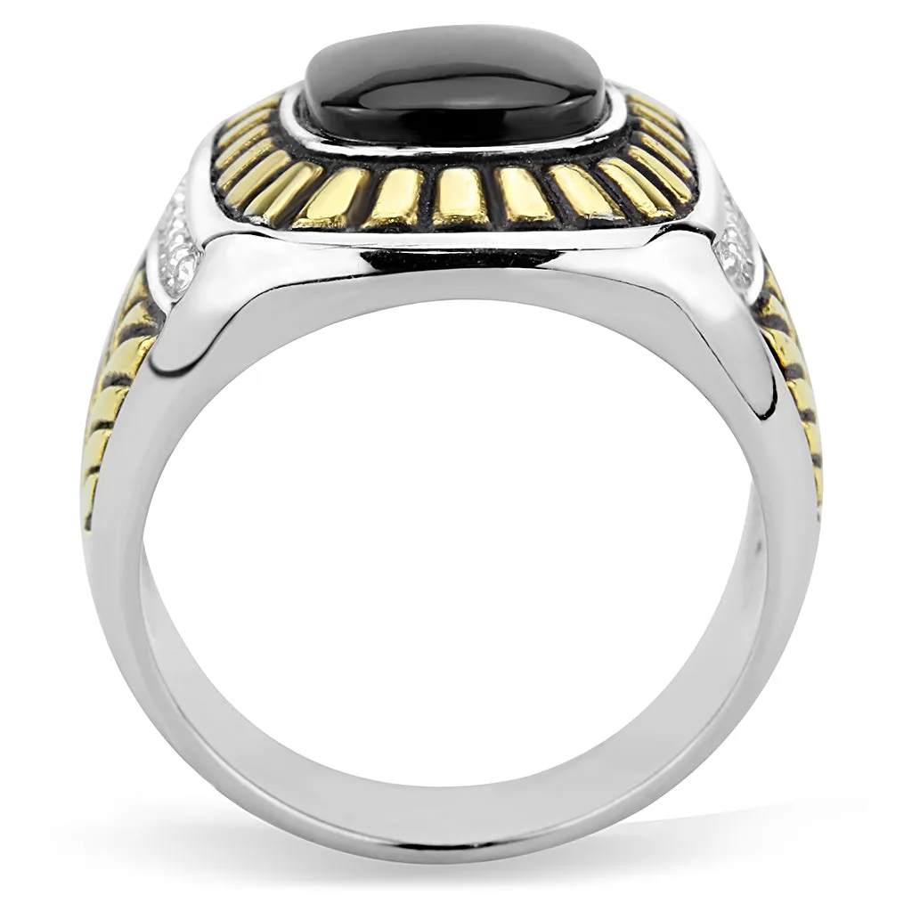 CJ3294 Wholesale Men's Stainless Steel Two-Tone IP Gold Synthetic Jet Ring