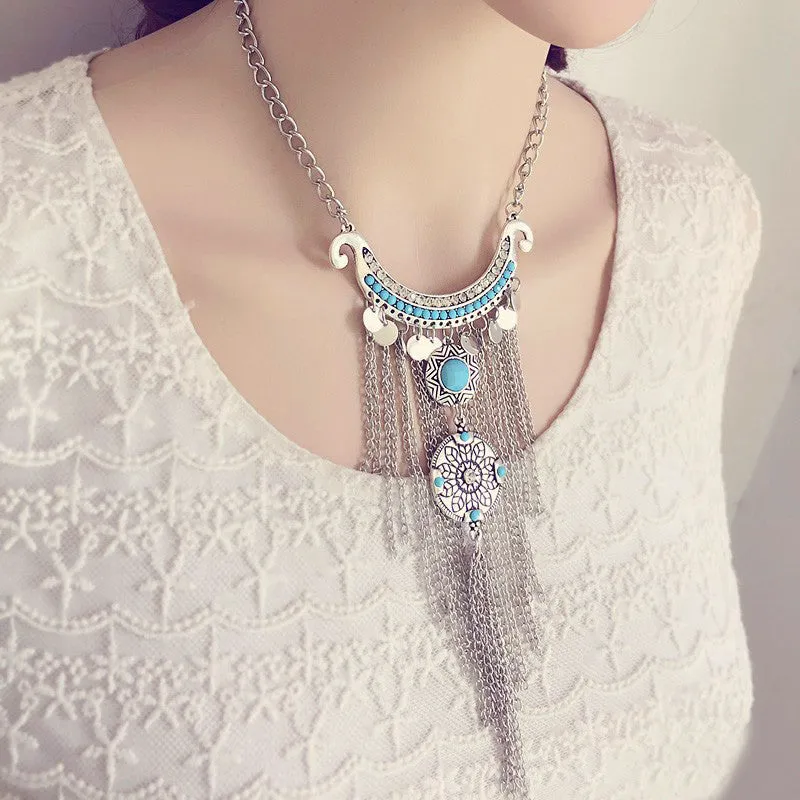 Collier Femme Thai Silver Coins Bohemian Tassel Pendant Colar Statement Necklaces vintage jewelry for women