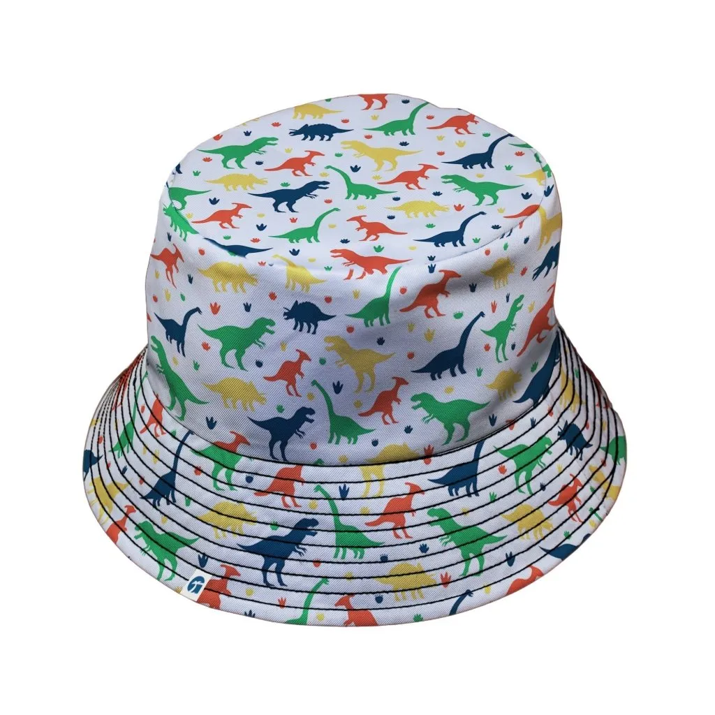 Colorful Dinosaur Silhouettes White Bucket Hat