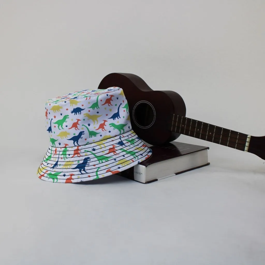 Colorful Dinosaur Silhouettes White Bucket Hat