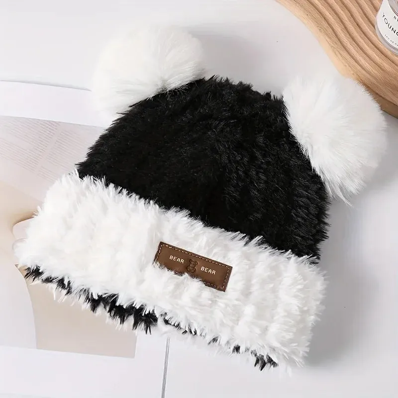 Cute Panda Ears Plush Knitted Autumn Winter Thickened Warm Hat