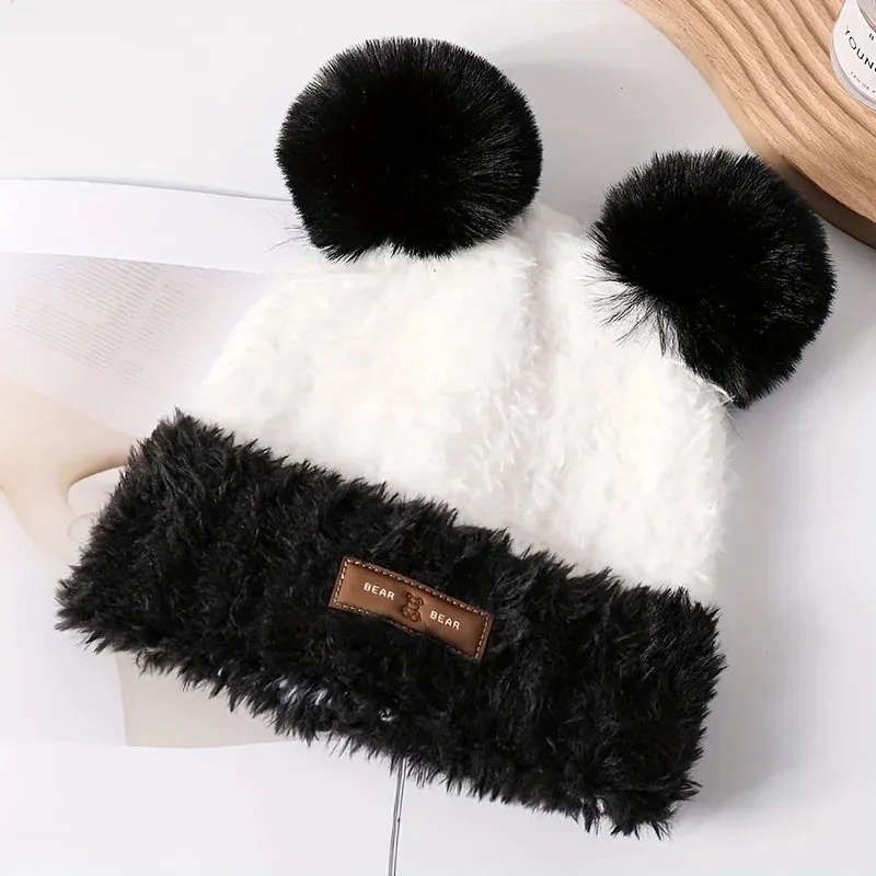 Cute Panda Ears Plush Knitted Autumn Winter Thickened Warm Hat