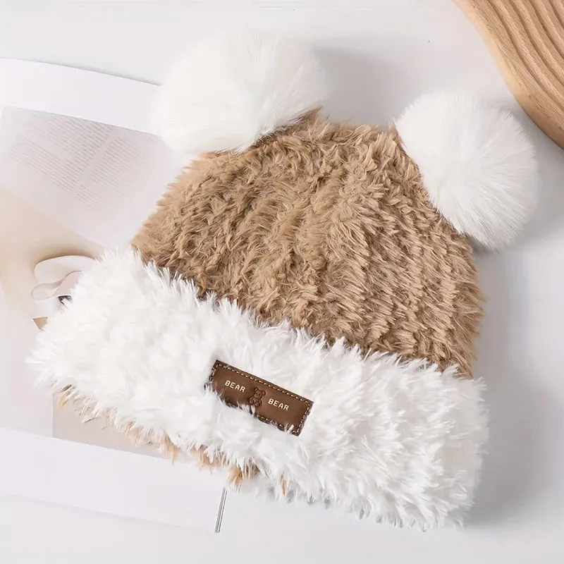 Cute Panda Ears Plush Knitted Autumn Winter Thickened Warm Hat