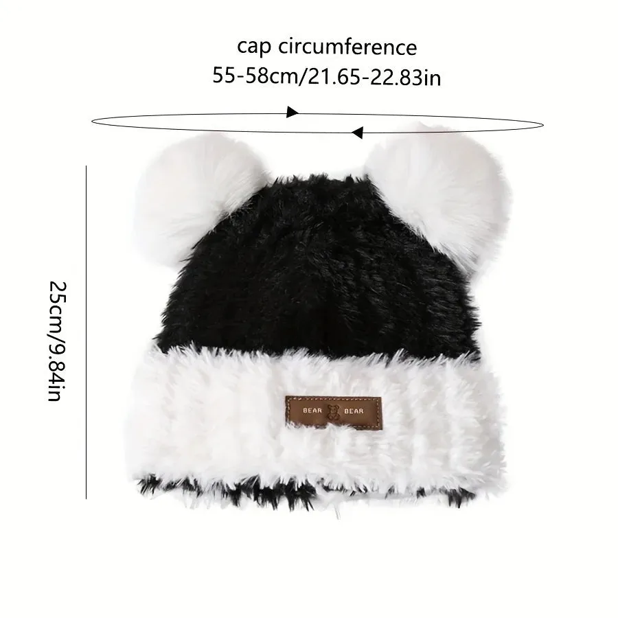 Cute Panda Ears Plush Knitted Autumn Winter Thickened Warm Hat