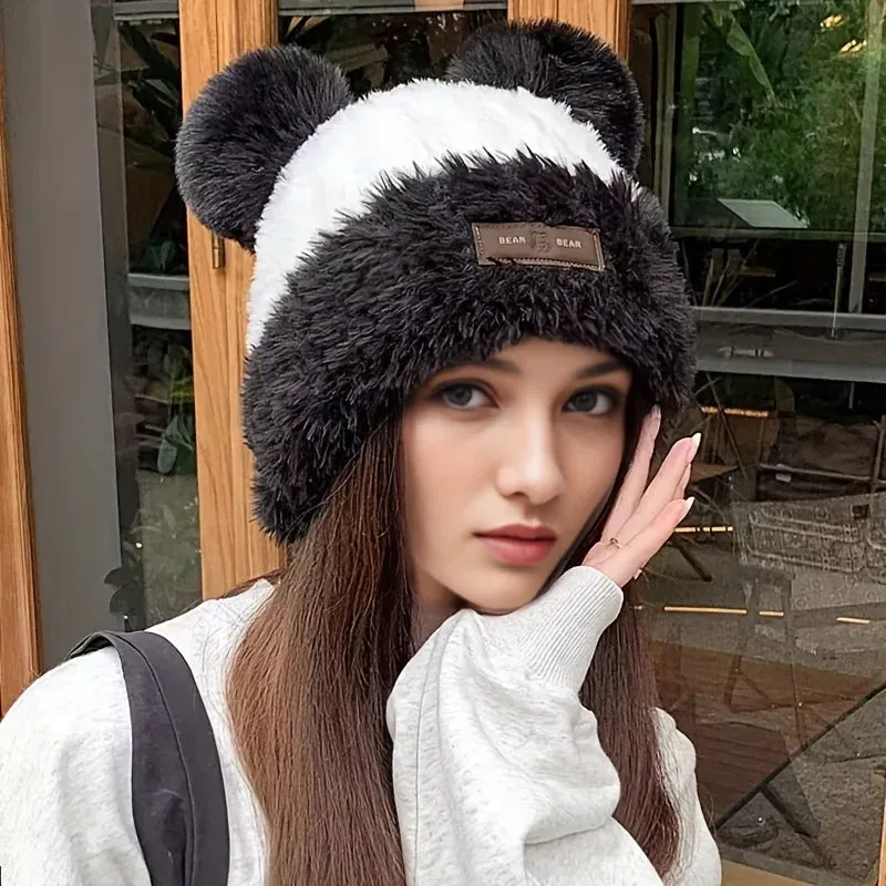 Cute Panda Ears Plush Knitted Autumn Winter Thickened Warm Hat