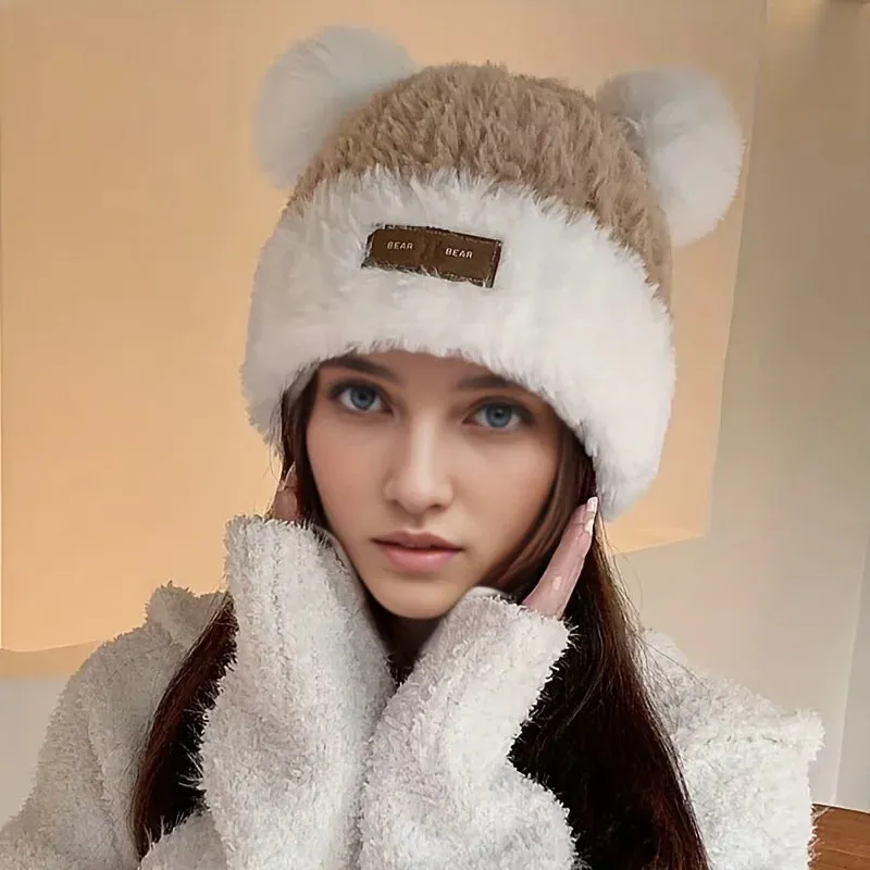 Cute Panda Ears Plush Knitted Autumn Winter Thickened Warm Hat