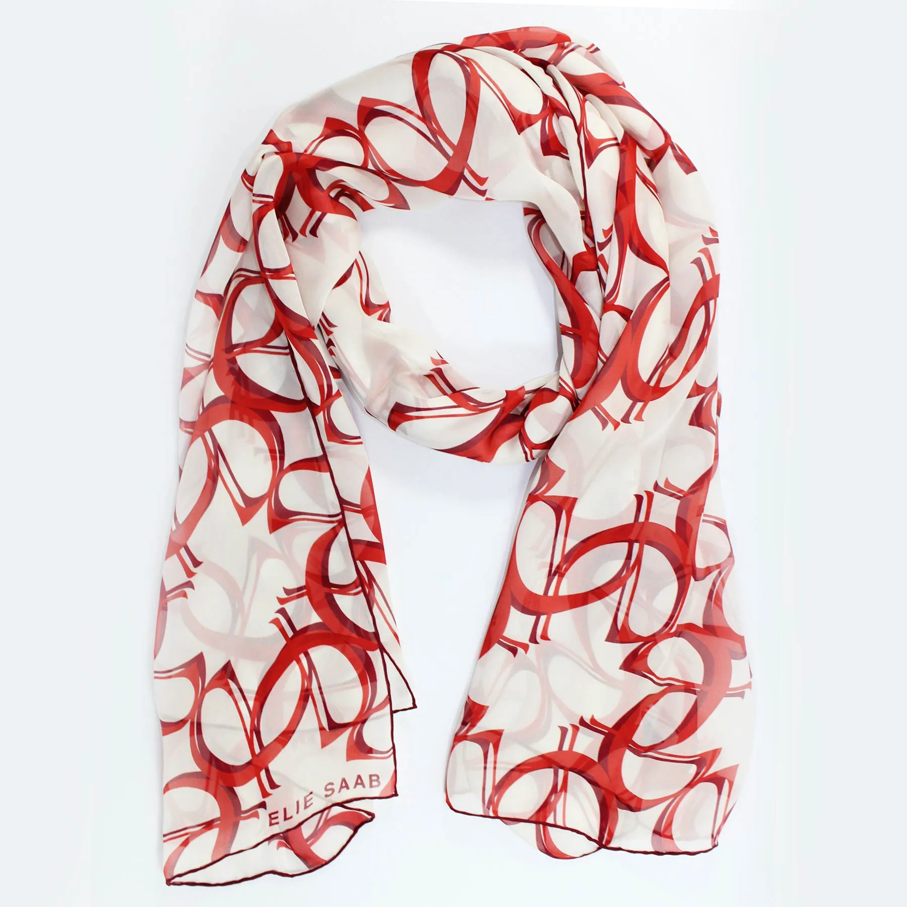 Elie Saab Scarf White Red Logo Design - Chiffon Silk Shawl FINAL SALE