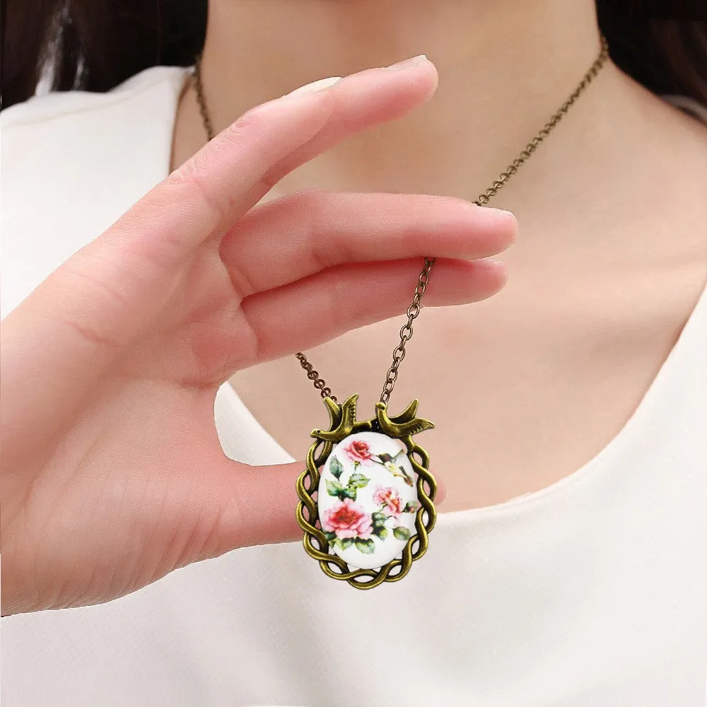 Fashion Art Picture Glass Cabochon Pendant Necklace Vintage Bronze Flower Statement Chain Necklace Summer Style Fine Jewelry