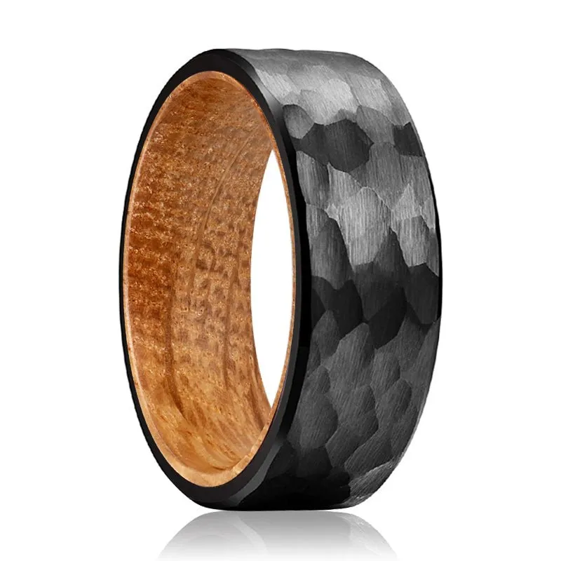 GLAMIS | Whiskey Barrel Wood, Black Tungsten Ring, Hammered, Flat