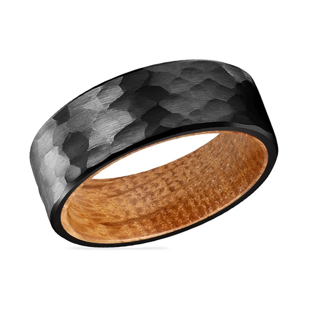 GLAMIS | Whiskey Barrel Wood, Black Tungsten Ring, Hammered, Flat