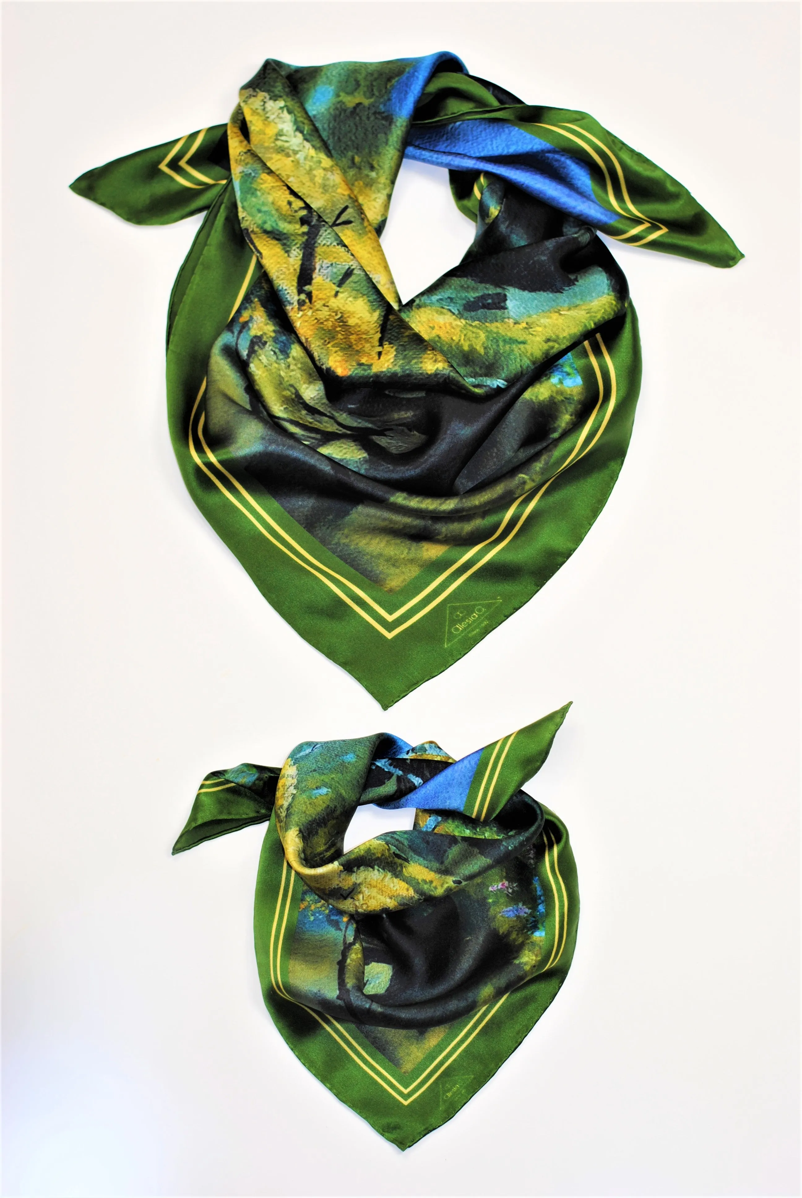 GOLD MEADOW Designer 100% Silk Art-A-Porte Scarf in Green Blue