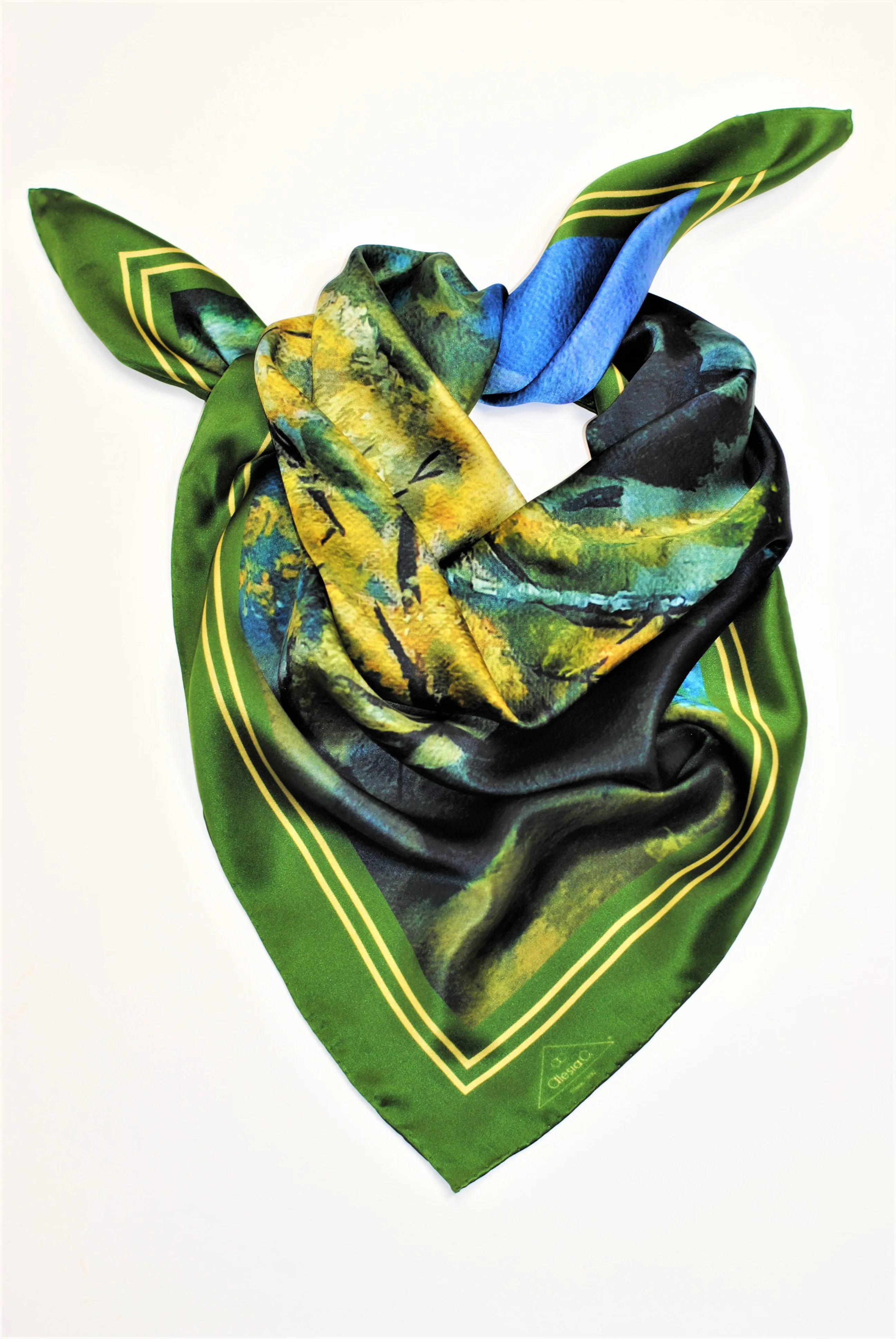 GOLD MEADOW Designer 100% Silk Art-A-Porte Scarf in Green Blue