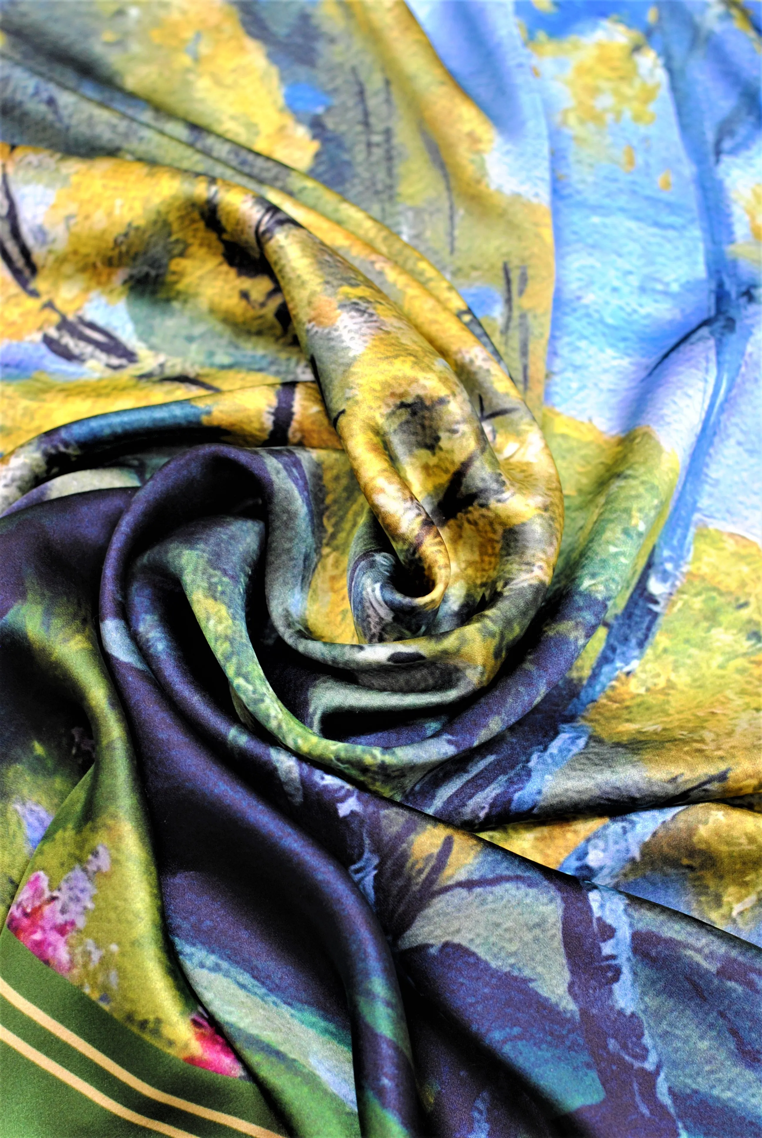 GOLD MEADOW Designer 100% Silk Art-A-Porte Scarf in Green Blue