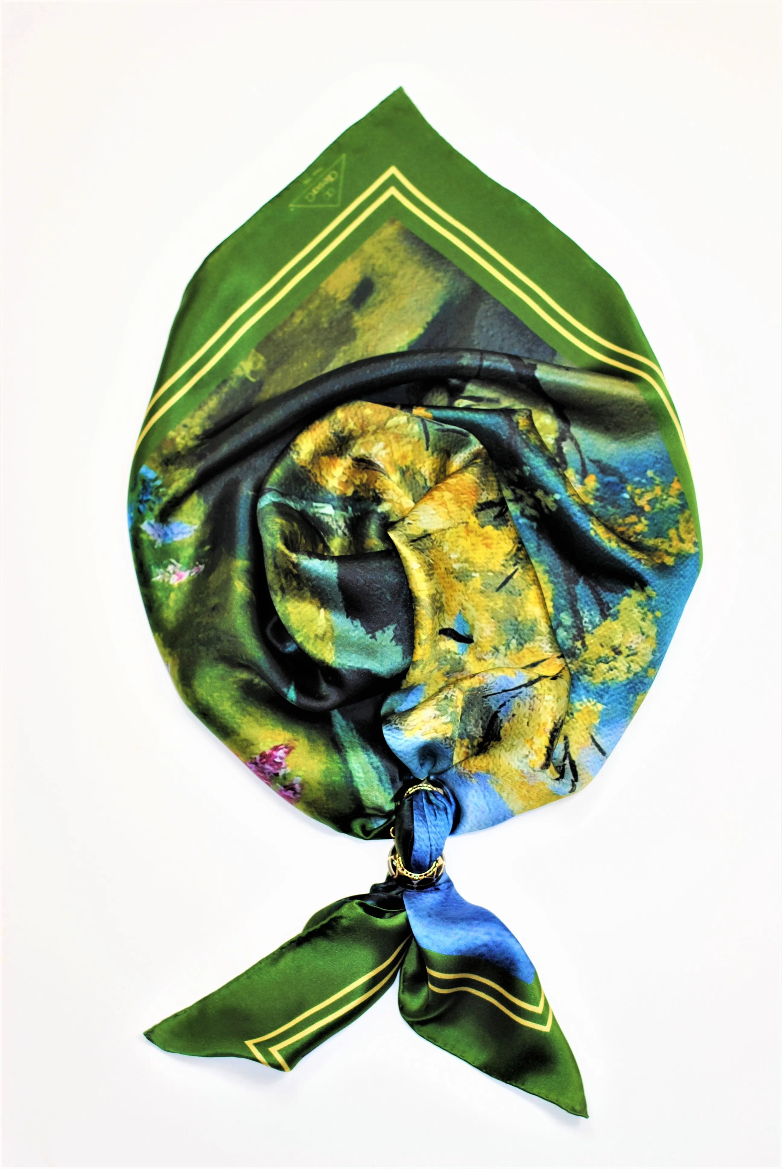 GOLD MEADOW Designer 100% Silk Art-A-Porte Scarf in Green Blue