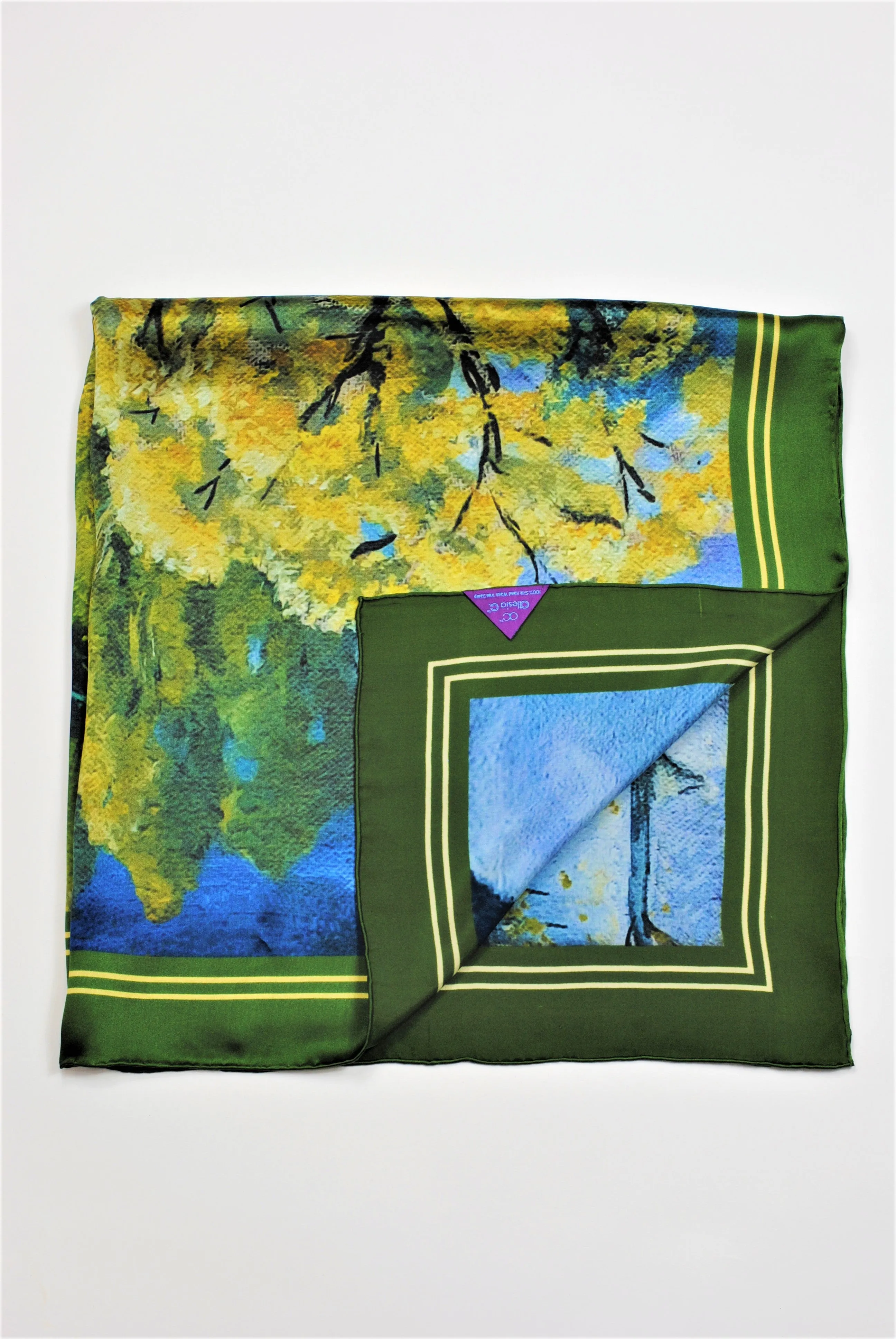 GOLD MEADOW Designer 100% Silk Art-A-Porte Scarf in Green Blue