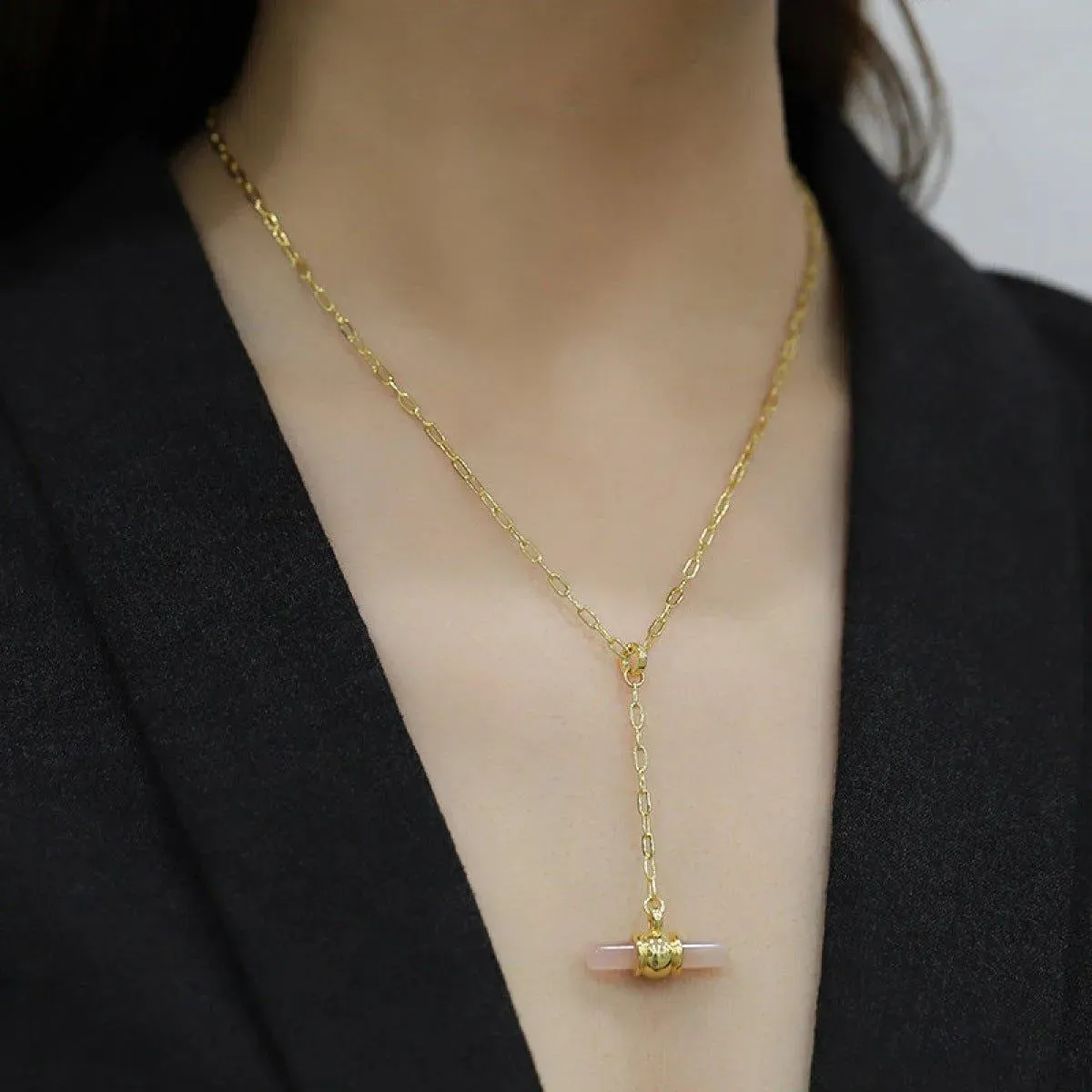 Gold-Plated Y-Shaped Inlaid Stone Pendants Necklace