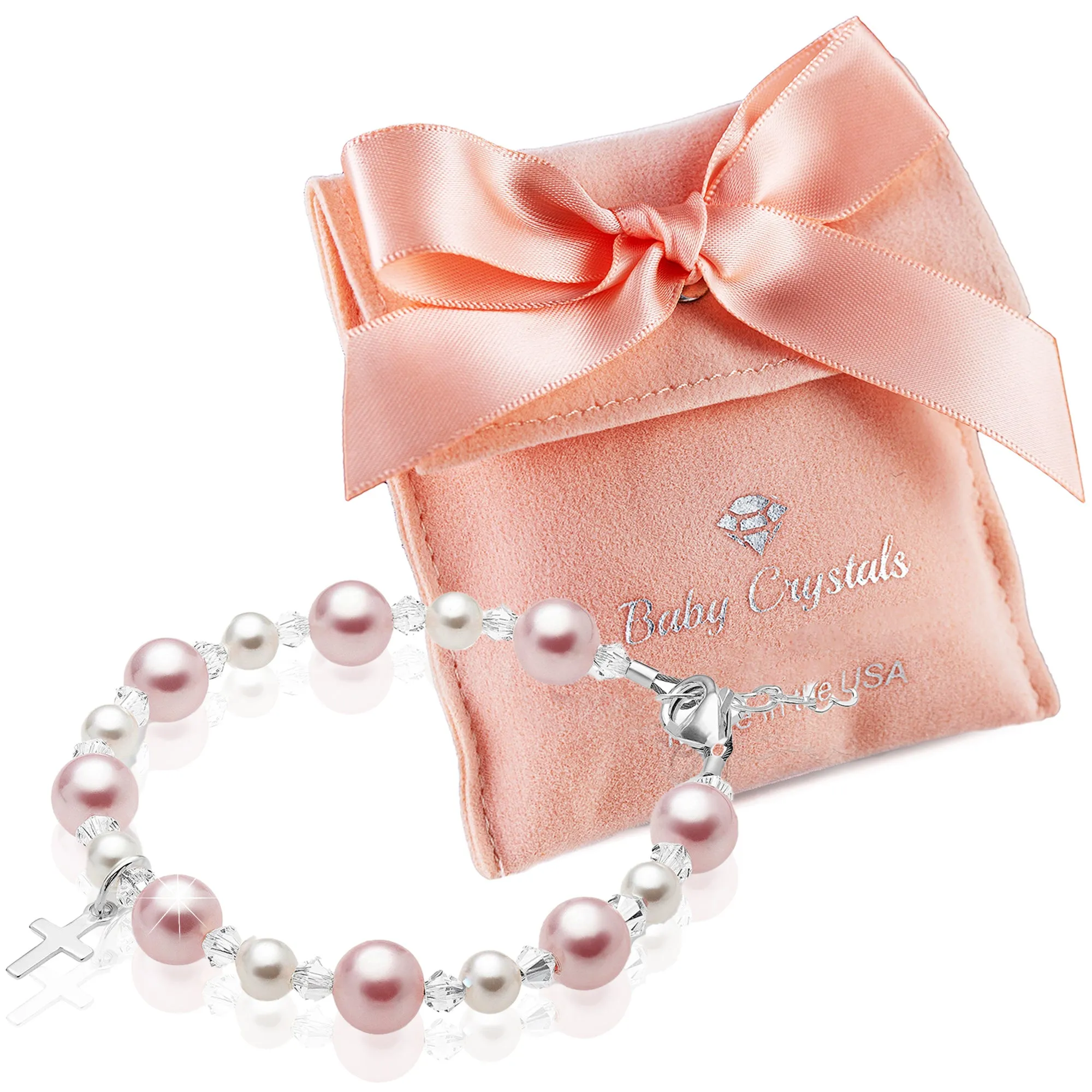 Infant Baby Girl Baptism Bracelet Sterling Silver Cross Pink & White Pearl Clear Crystals