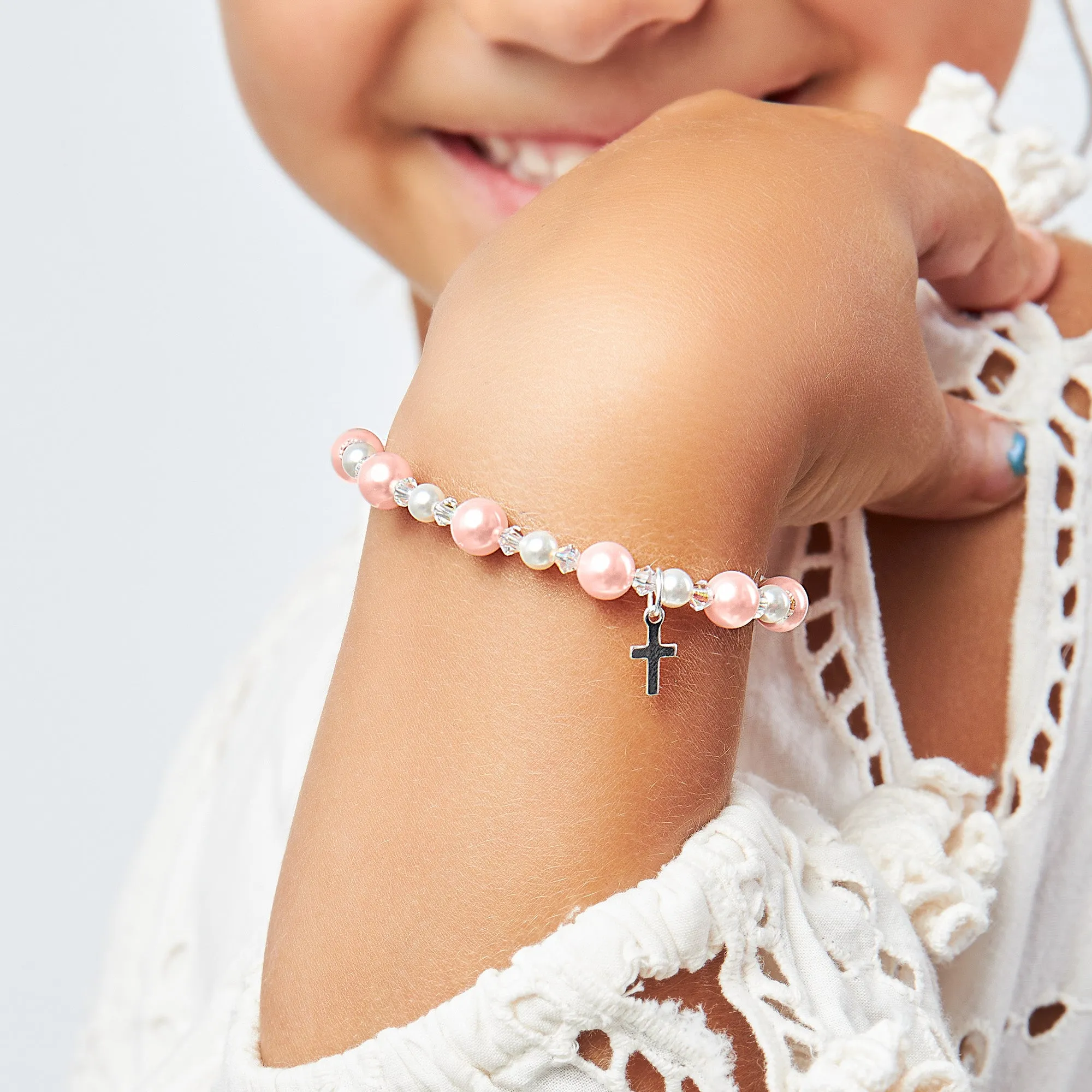 Infant Baby Girl Baptism Bracelet Sterling Silver Cross Pink & White Pearl Clear Crystals