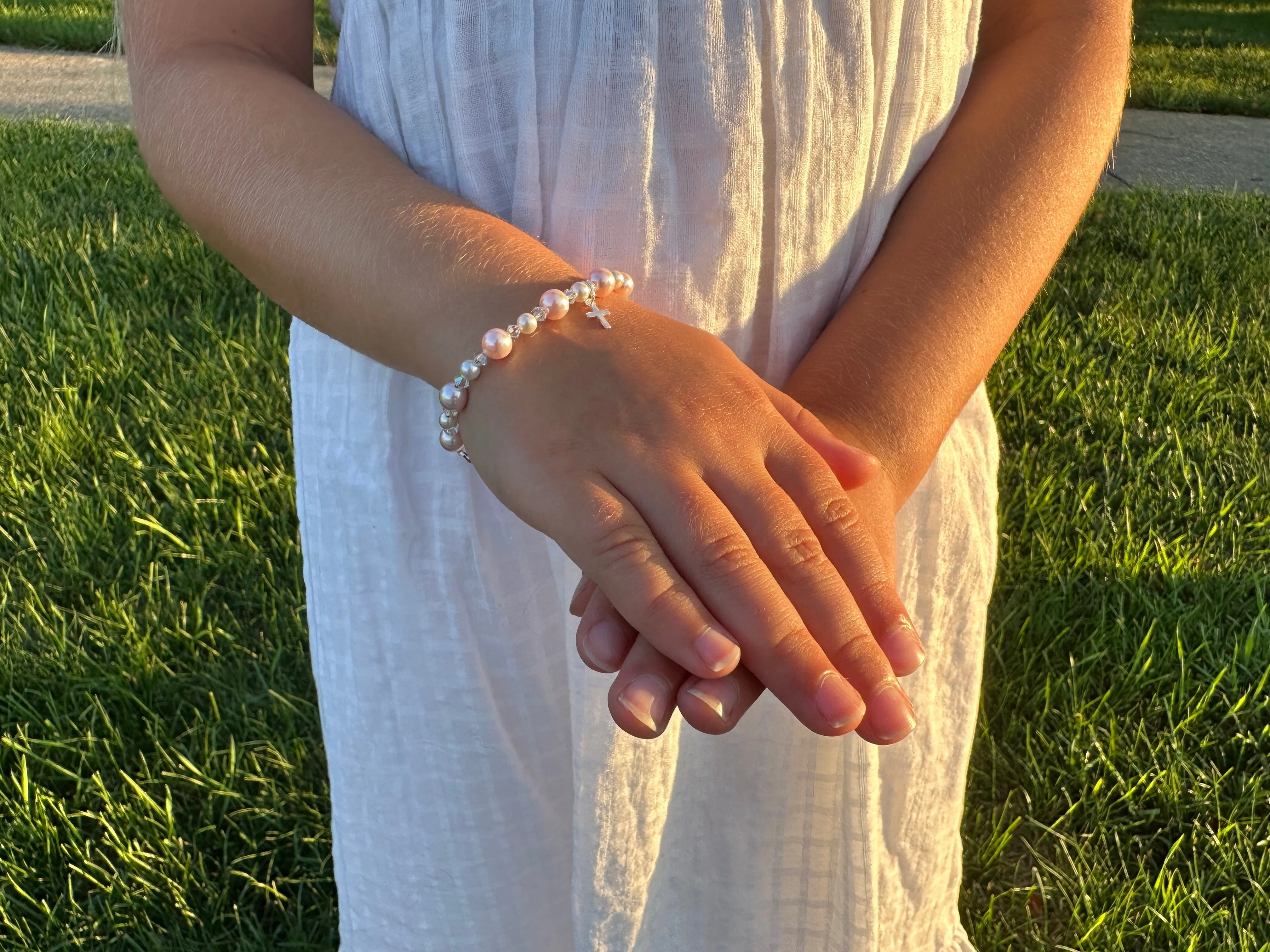 Infant Baby Girl Baptism Bracelet Sterling Silver Cross Pink & White Pearl Clear Crystals