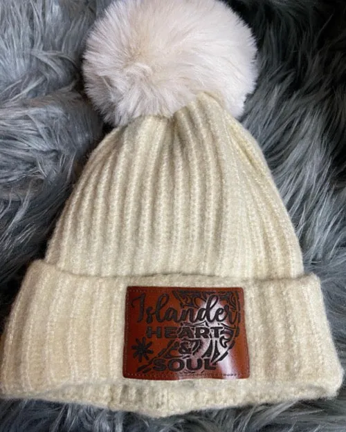 Islander Heart & Soul Leather Patch Pom Pom Beanies