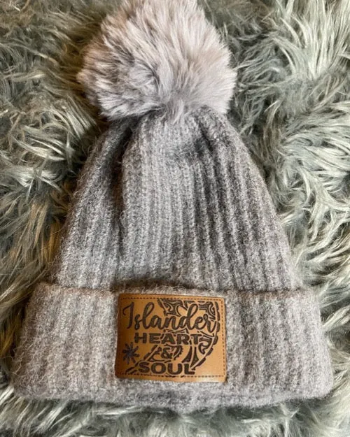 Islander Heart & Soul Leather Patch Pom Pom Beanies