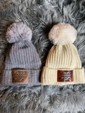 Islander Heart & Soul Leather Patch Pom Pom Beanies