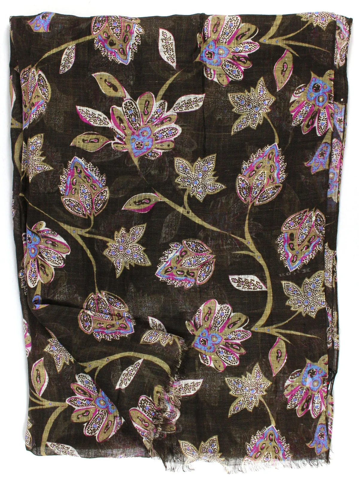 Kiton Scarf Dark Brown Floral Design Linen FINAL SALE