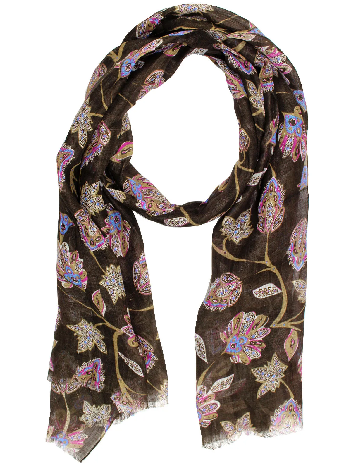 Kiton Scarf Dark Brown Floral Design Linen FINAL SALE