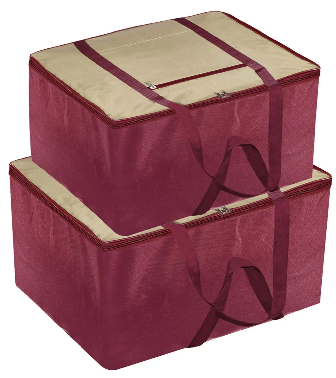 Kuber Industries Lightweight Foldable Rexine Jumbo Underbed Storage Bag With Zipper And Handle,Large & Small Size (Brown & Maroon)-Pack of 2