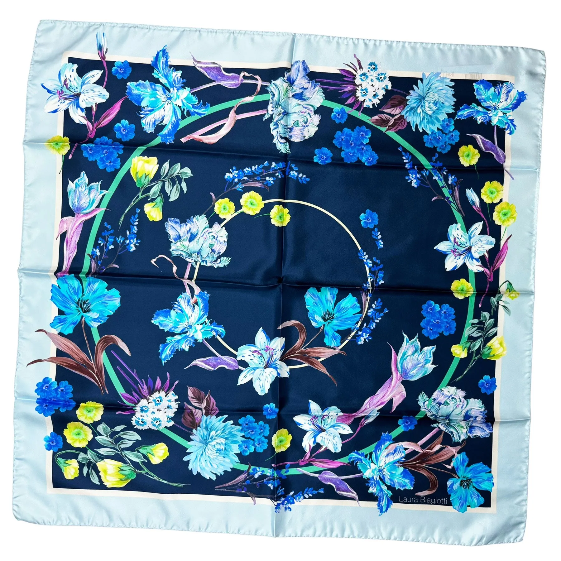 Laura Biagiotti Scarf Dark Blue Sky Blue Floral - Square Silk Foulard