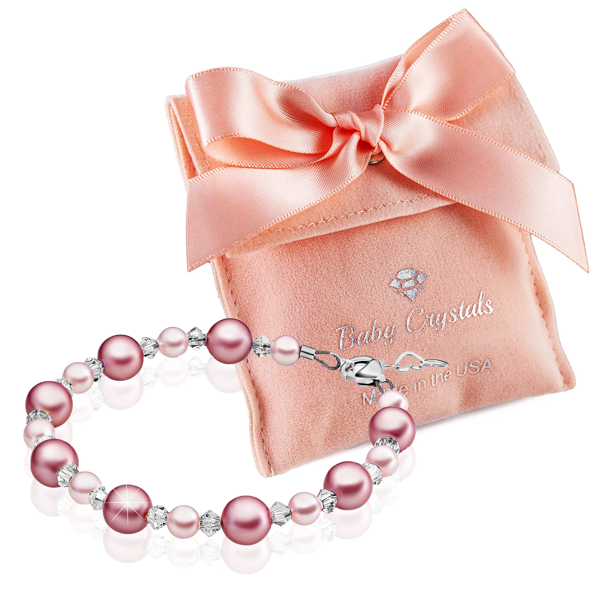 Little Girl Toddler Bracelet with Rose & Pink Pearls & Clear Crystals