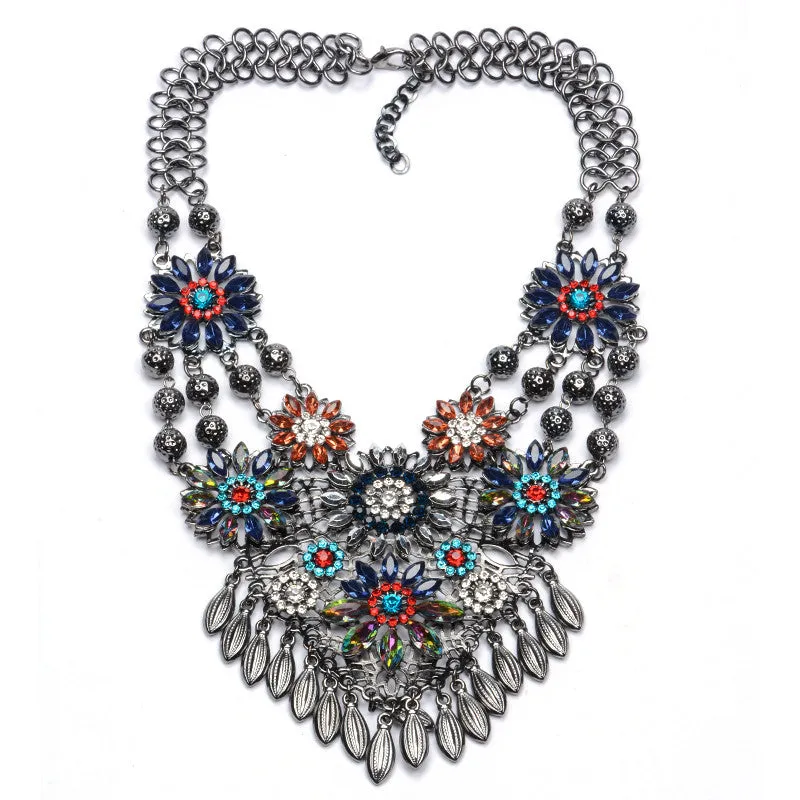 New Fashion Vintage Crystal Necklace Pendant Women 4 Layies Luxury Crystal Flower Beads Choker Statement Necklace Black Kolye