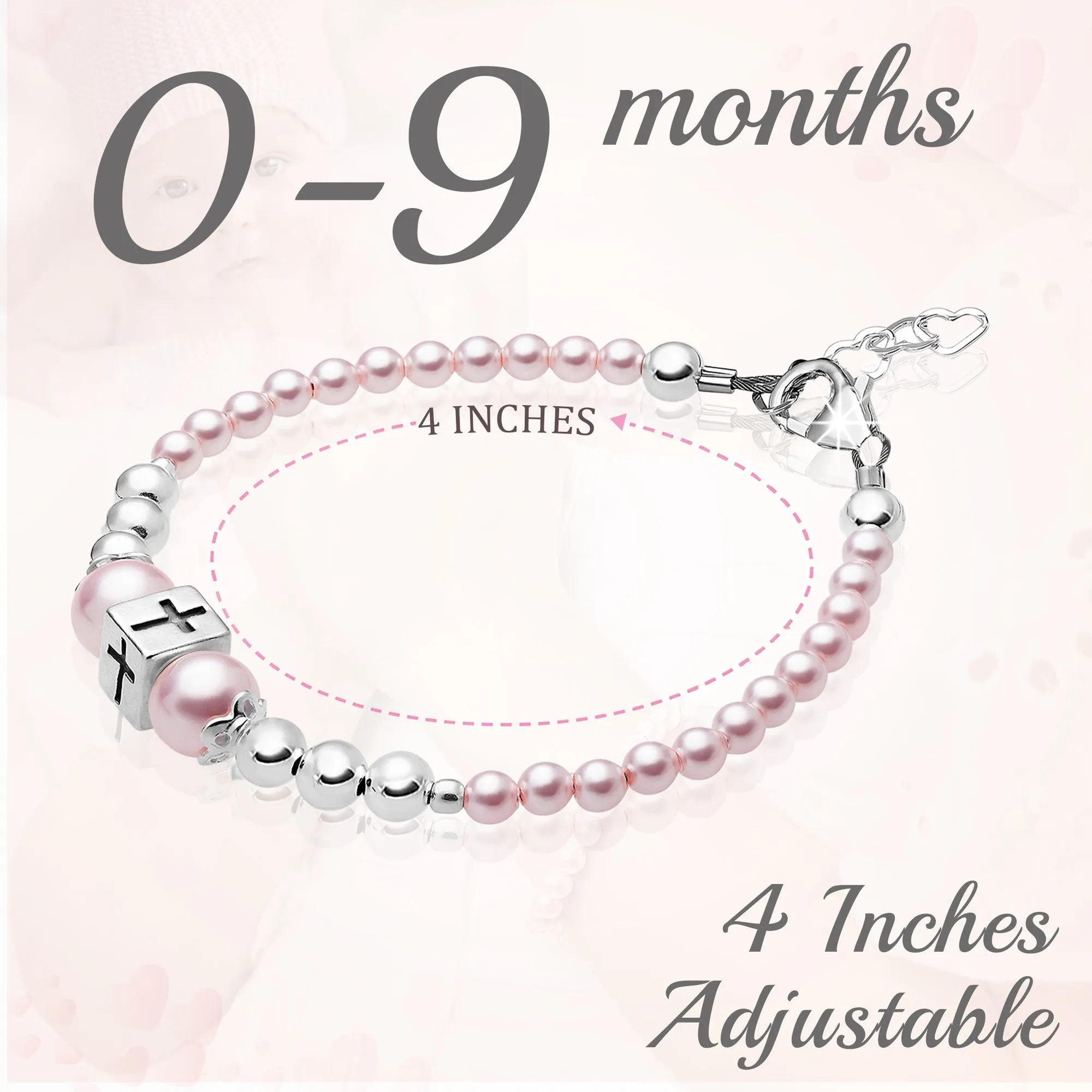 Newborn Baby Girl Sterling Silver Beads Box Cross Pink Pearl Bracelet