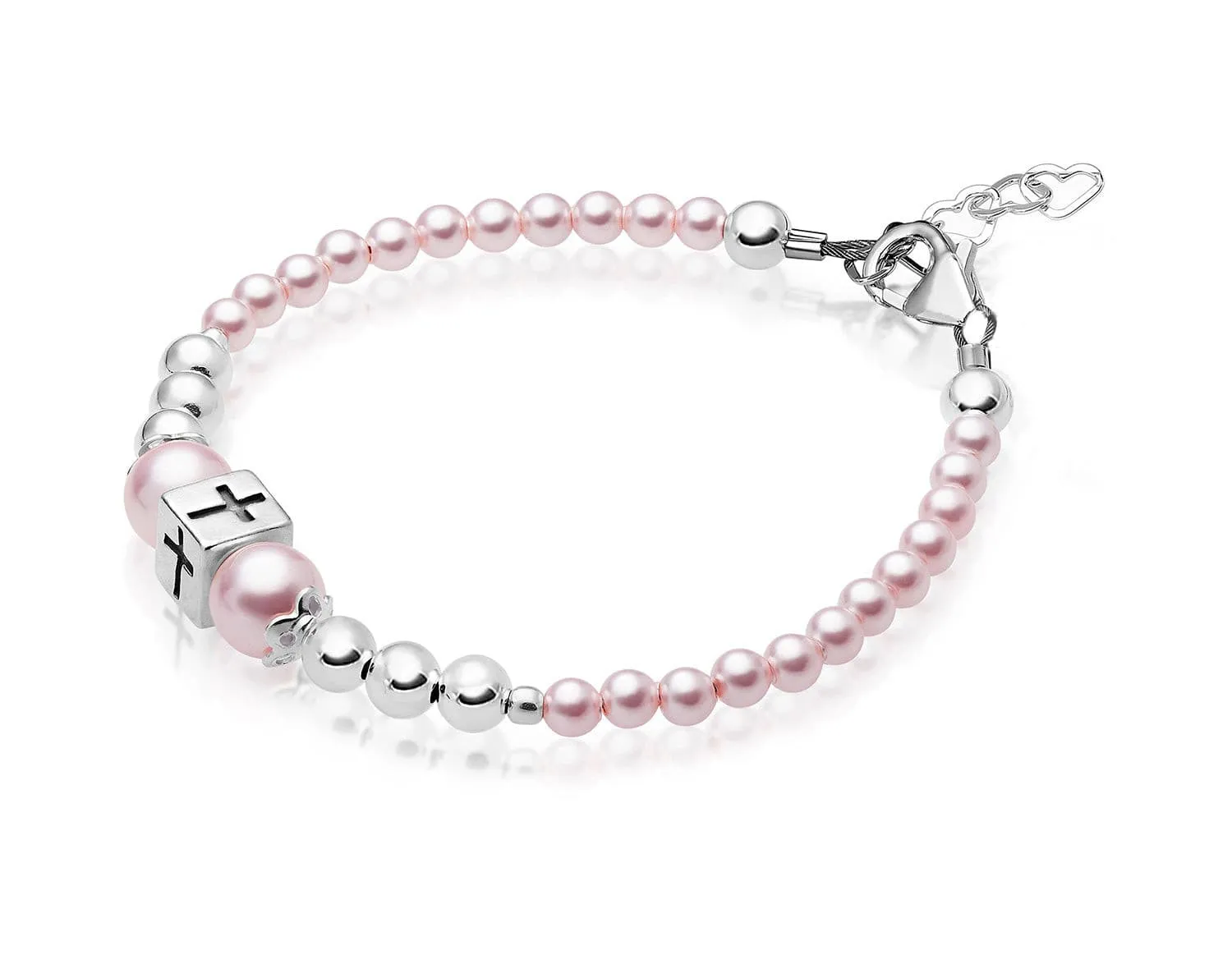 Newborn Baby Girl Sterling Silver Beads Box Cross Pink Pearl Bracelet