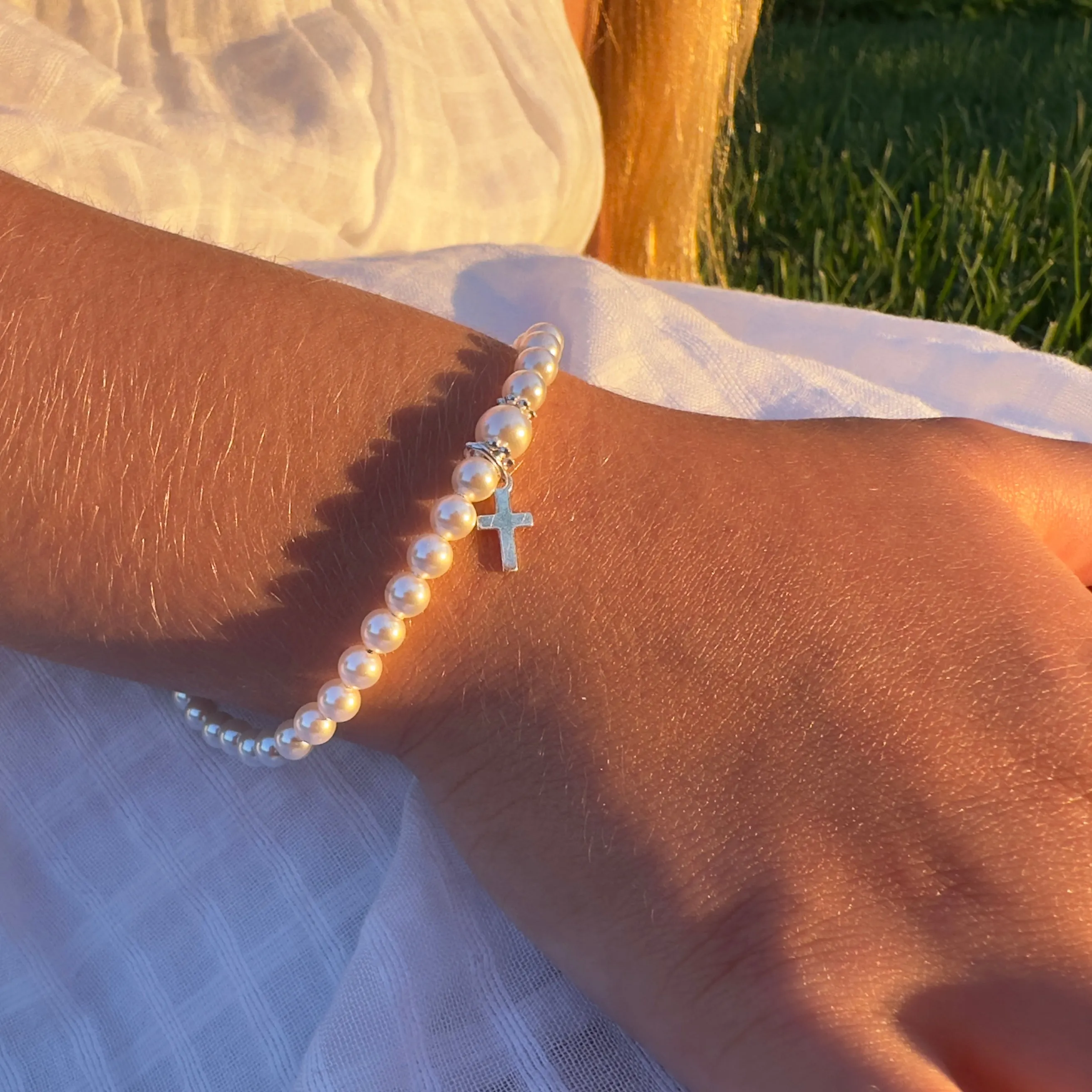 Newborn Baby White Pearl Bracelet Baptism & Christening Sterling Silver Cross Charm