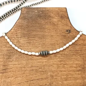 Oval Bead Necklace with Silver Saucer Beads in Ivory