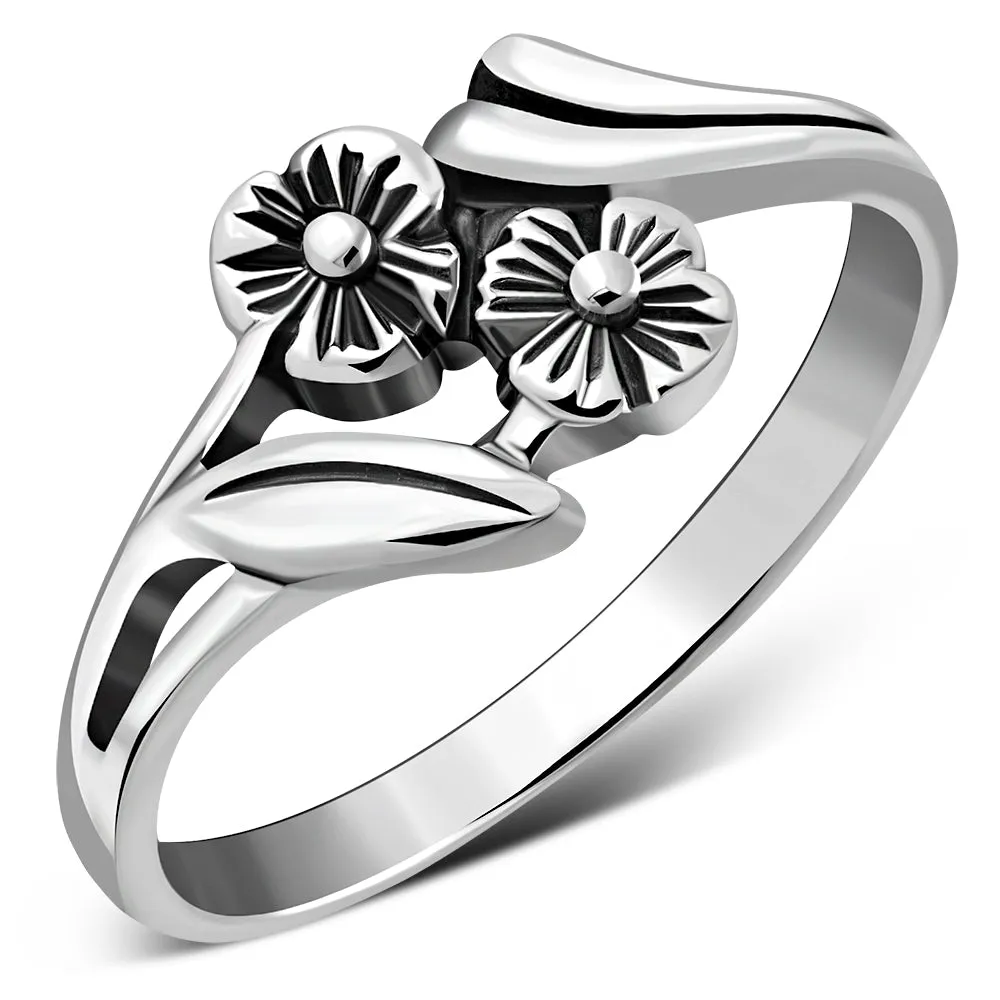 Plain Sterling Silver Flowers Ring