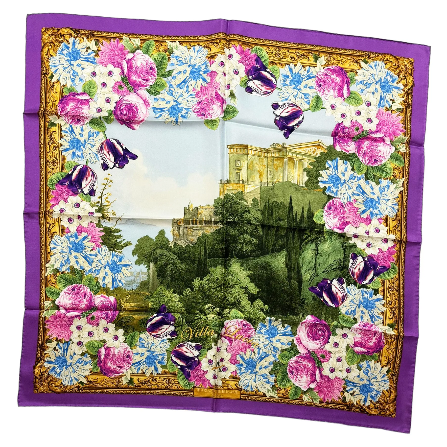 Rubinacci Silk Scarf Floral Purple Gold Villa Lucia - Square Foulard