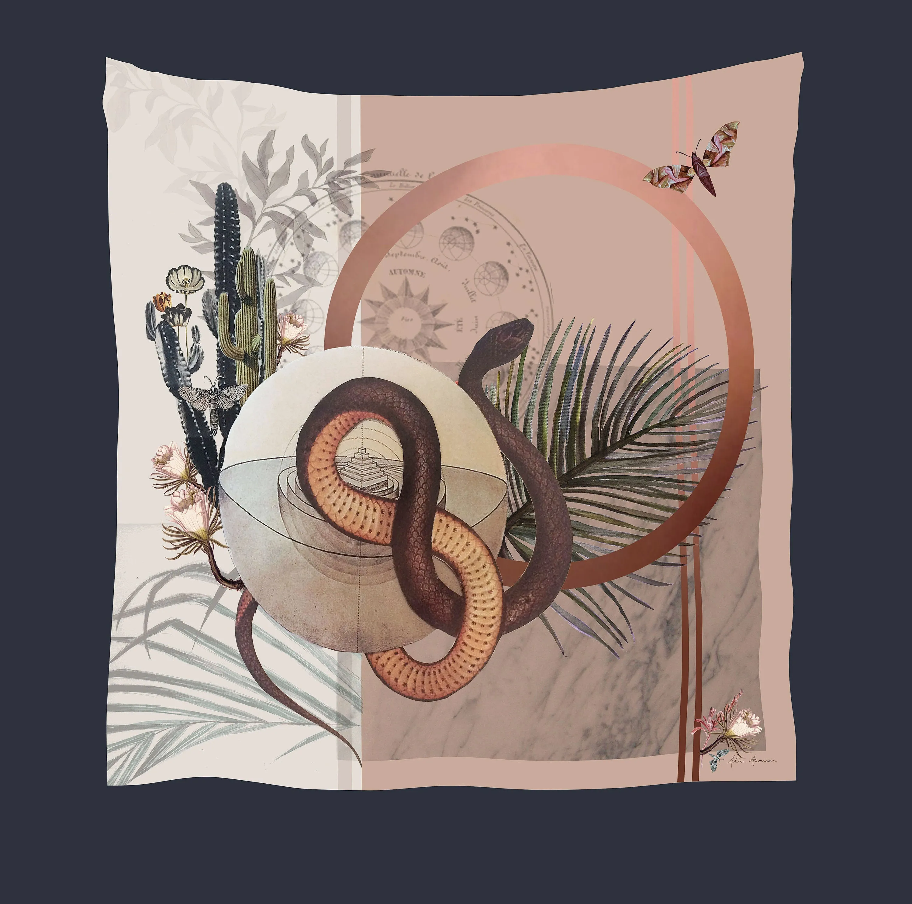 Snake Square Silk scarf 'Nevada' Silk is a Hand-painted in neutral tones with coiled serpent