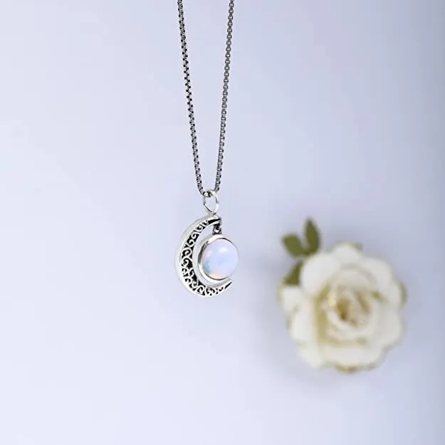 Sterling Silver Oxidised Silver Moonstone Crescent Pendant with Box Chain