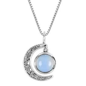 Sterling Silver Oxidised Silver Moonstone Crescent Pendant with Box Chain