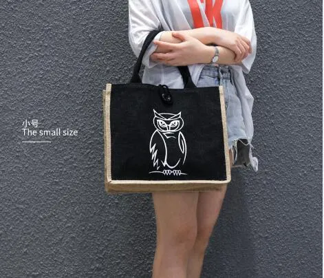 Summer Flamingo Owl Linen Tote Large Bag, Black