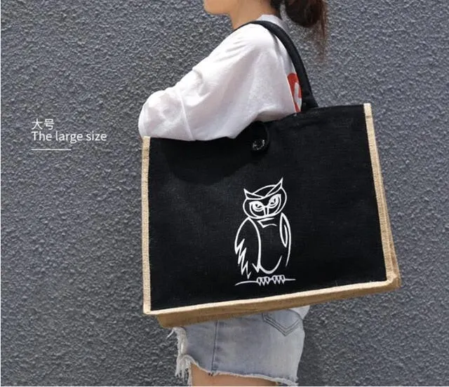 Summer Flamingo Owl Linen Tote Large Bag, Black