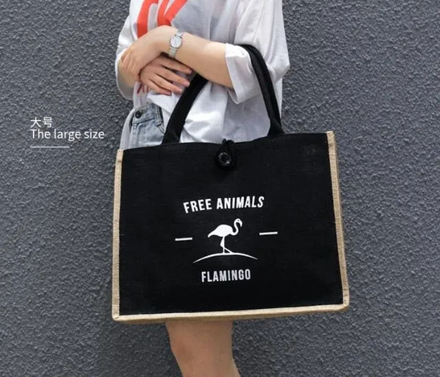 Summer Flamingo Owl Linen Tote Large Bag, Black