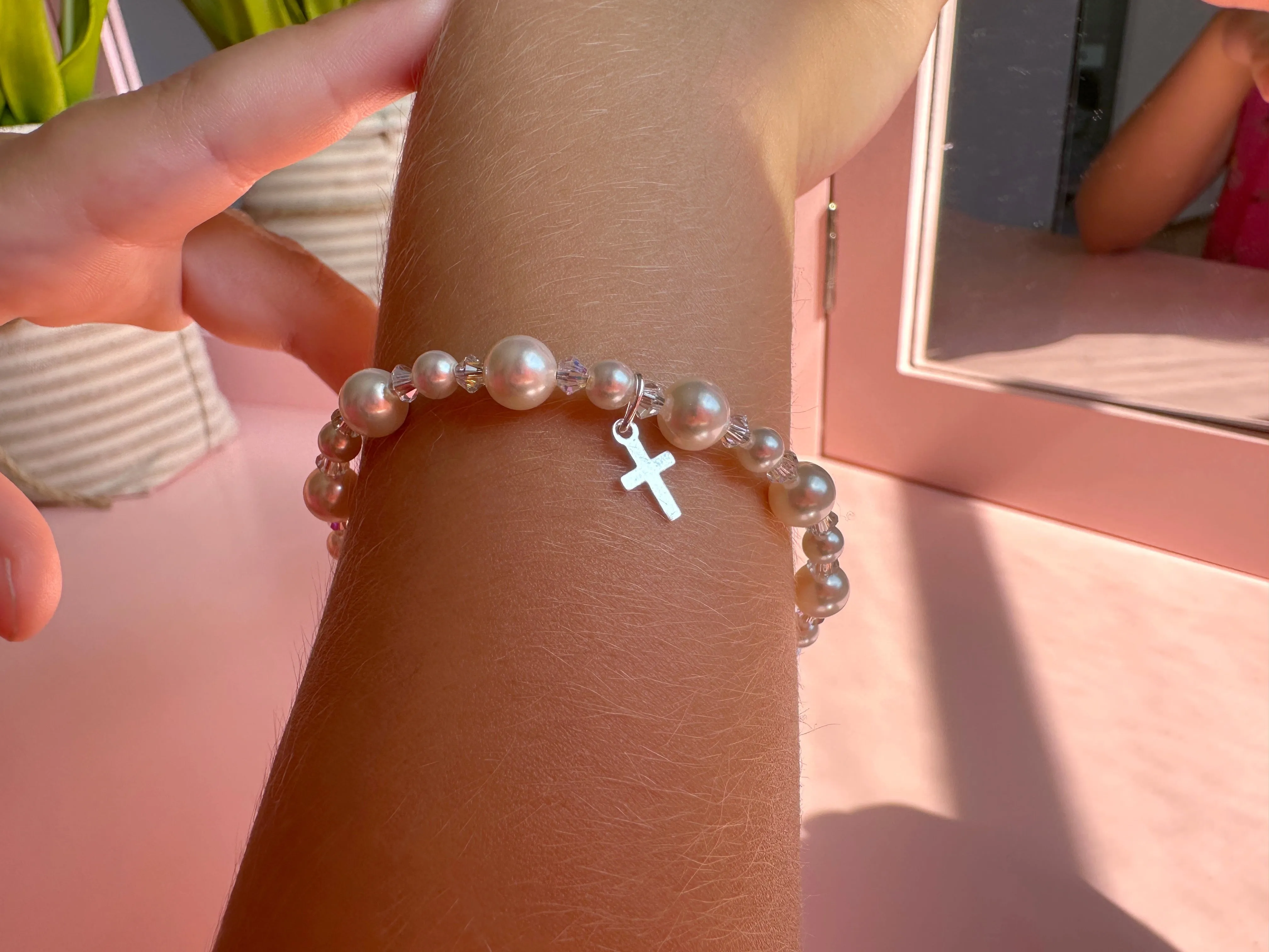 Teen Girl Baptism & Christening White Pearl Sterling silver Cross Charm Bracelet