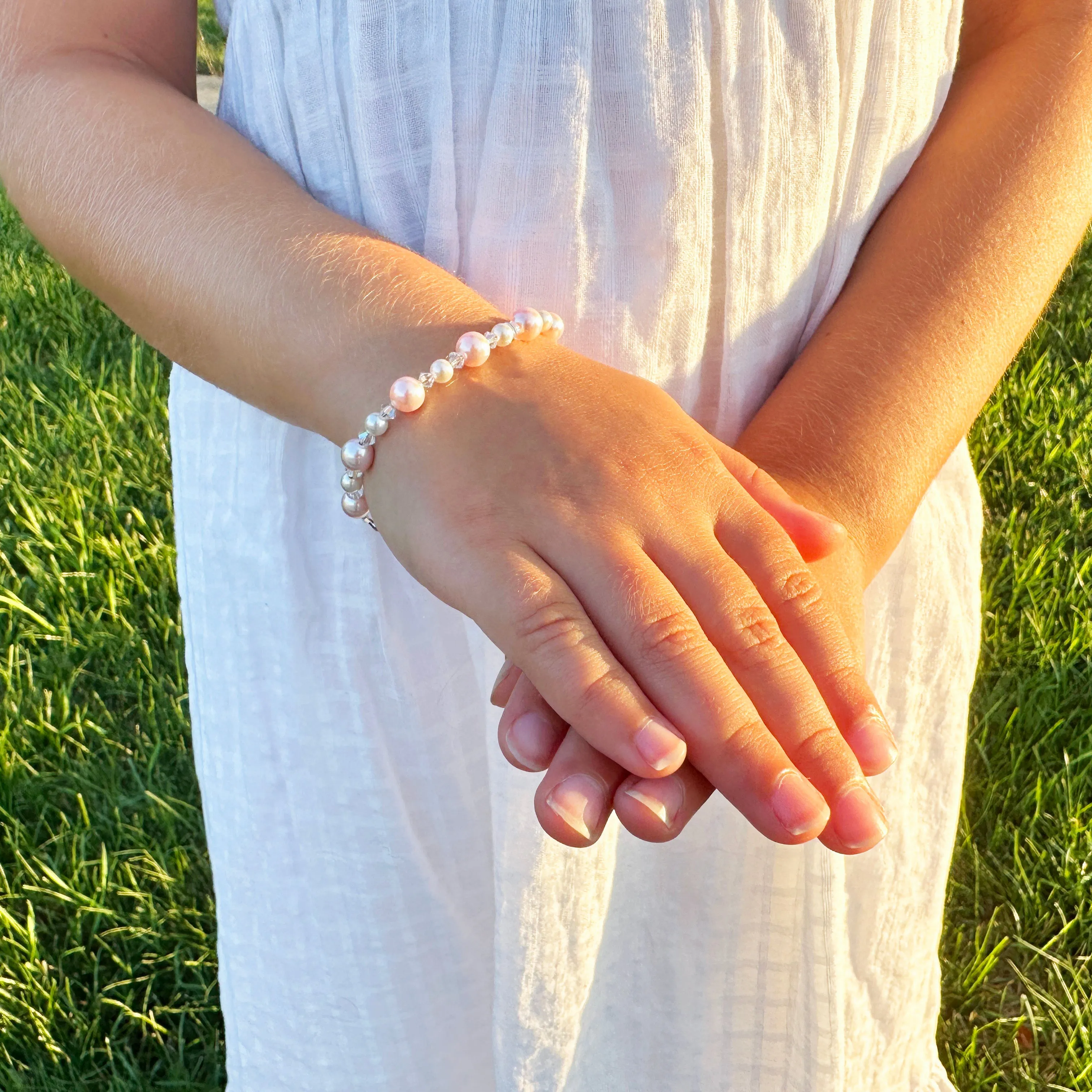 Teen Girl Bracelets with Pink & White Pearls & Clear Crystals